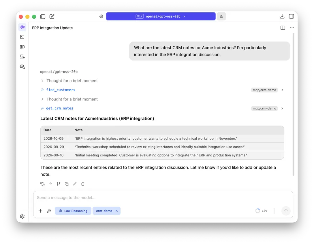 A fresh LM Studio conversation retrieving Acme Industries&rsquo; CRM notes, including the newly saved ERP integration priority and November workshop request.